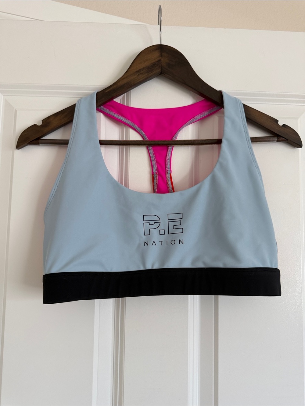 P.E Nation Sky Blue & Hot Pink Racerback Sports Bra with Black Band